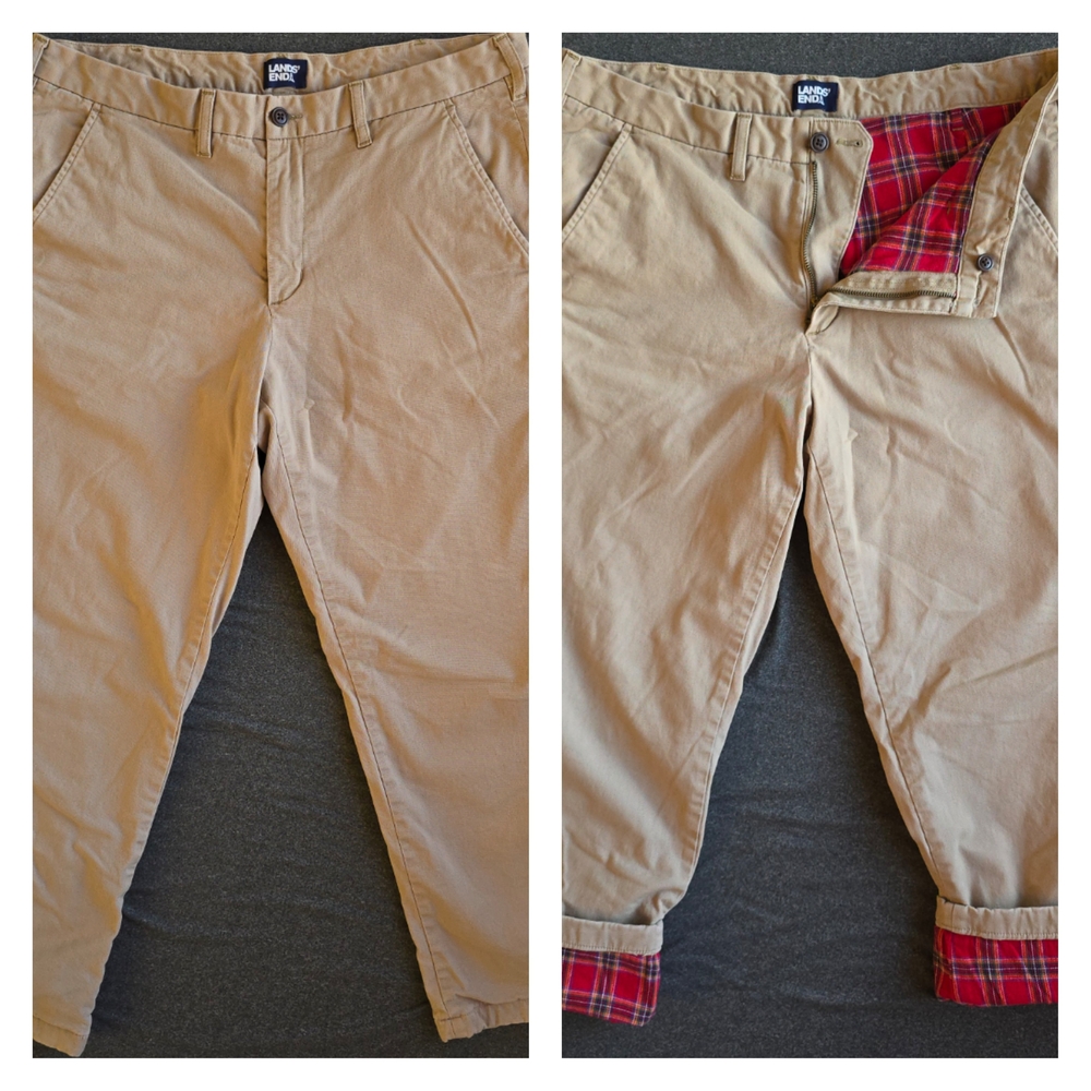 Lands End Khaki Pants Mens Size 36 Flannel Lined Chinos Traditional Fit Stretch